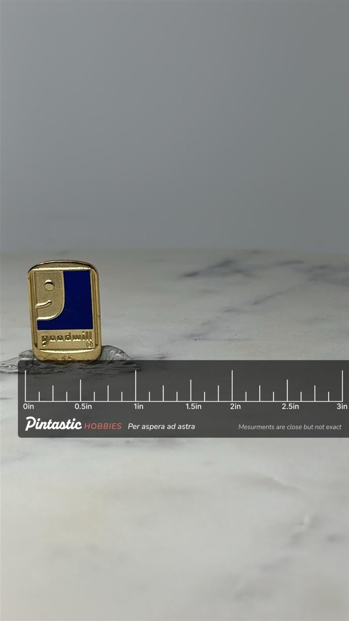 Vintage Goodwill 15 Year Service Pin: Gold Tone Blue Enamel - Award with ruler overlay for size reference
