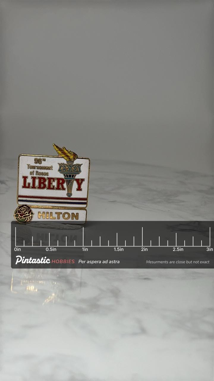 Vintage Hilton 85th Tournament of Roses Pin: Liberty Enamel - 1974 Roses Pin with ruler overlay for size reference