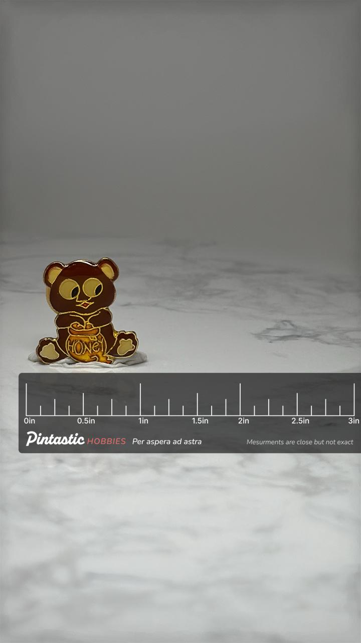 Vintage Teddy Bear Enamel Pin: Brown & Gold - Cute Honey Theme Accessory with ruler overlay for size reference