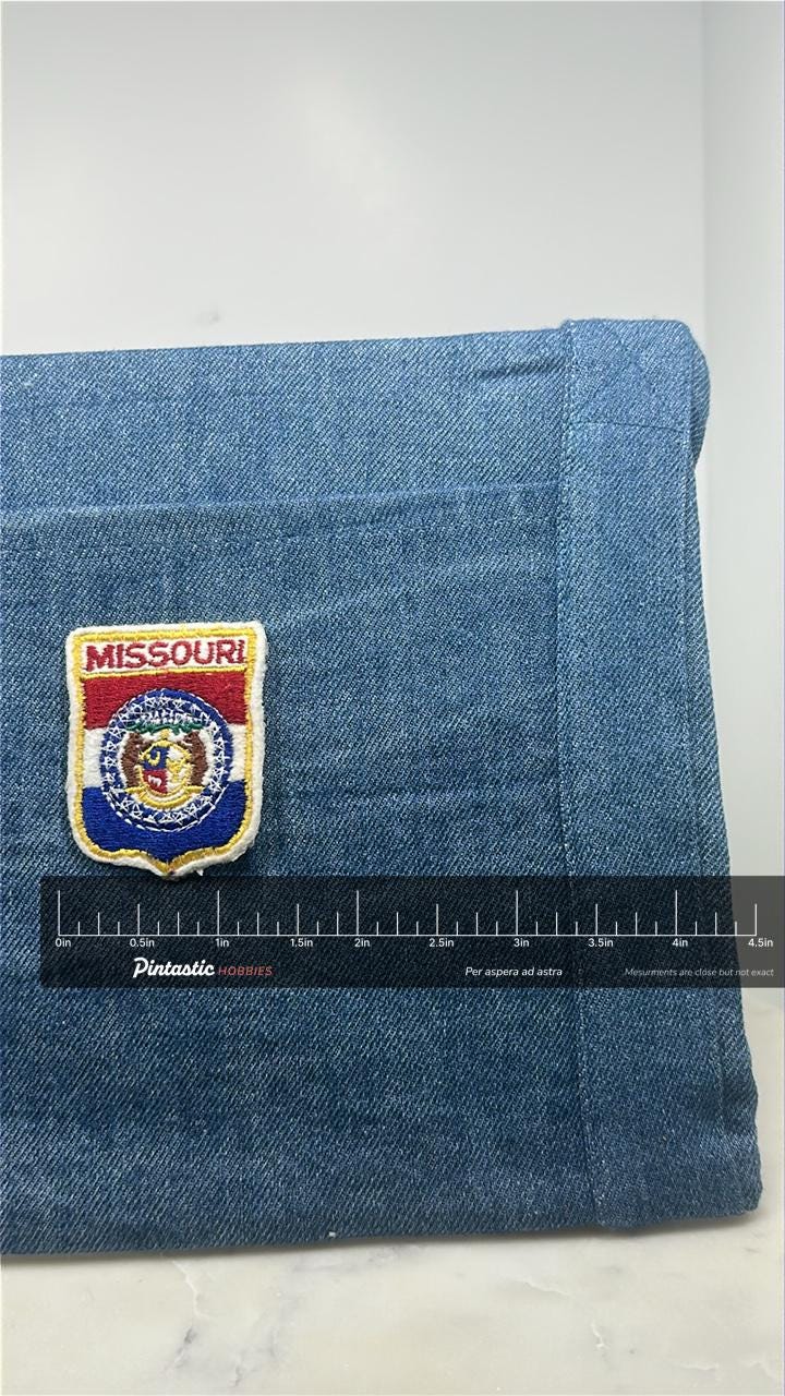 Missouri State Flag Collectable Patch: Shield Red White Blue - Travel Souvenir with ruler overlay for size reference