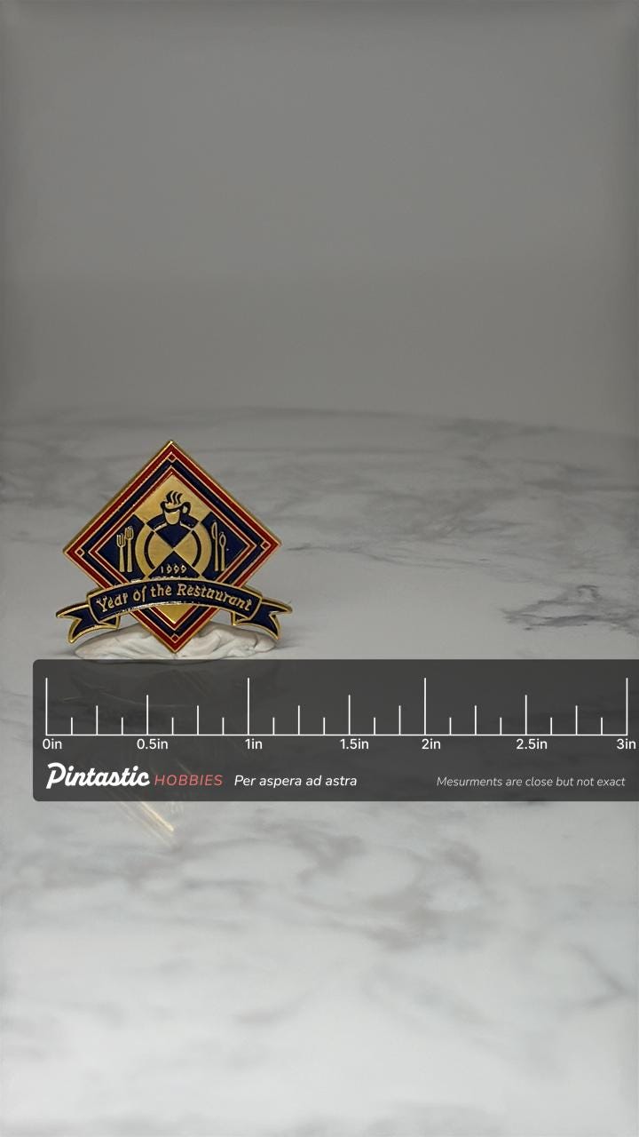 Vintage Year of the Restaurant 1999 Award Pin: Gold Tone Enamel - Corporate Recognition Accessory with ruler overlay for size