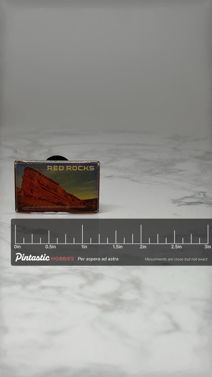 Vintage Red Rocks Scenic Souvenir Pin: Enamel Landscape - Travel Accessory with ruler overlay for size reference