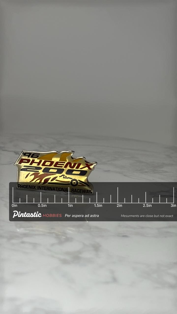 Vintage 1996 Phoenix 200 Lapel Pin: Gold Tone - NASCAR Racing Event with ruler overlay for size reference