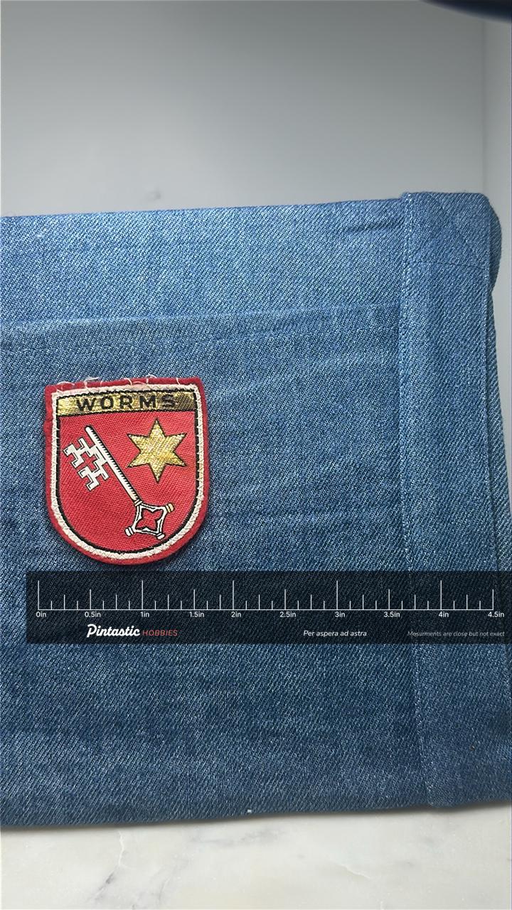 Worms Germany Collectable Patch: Red & Gold Shield - City Crest Accessory with ruler overlay for size reference