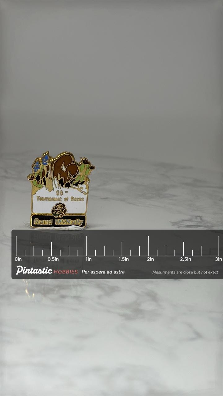 Vintage 96th Tournament of Roses Rand McNally Pin: Gold Enamel - 1996 Parade Accessory with ruler overlay for size reference