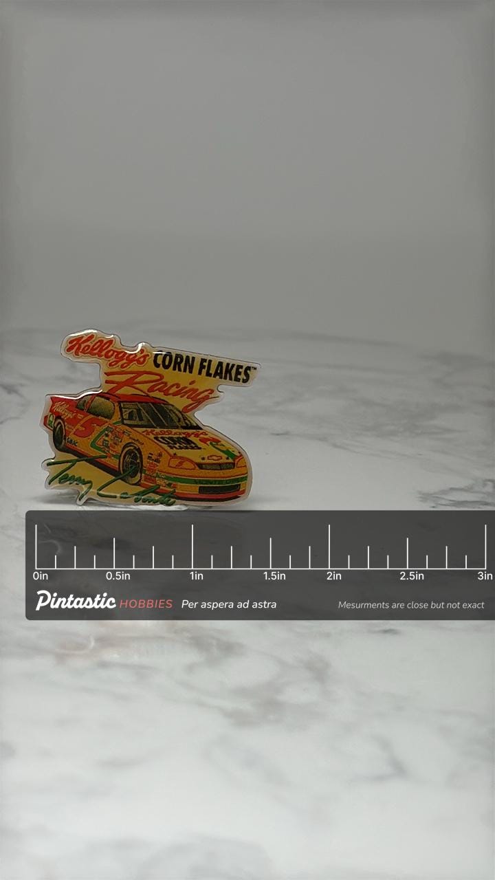 Vintage Kelloggs Racing Car Pin: Color Enamel - 1990s NASCAR Accessory with ruler overlay for size reference