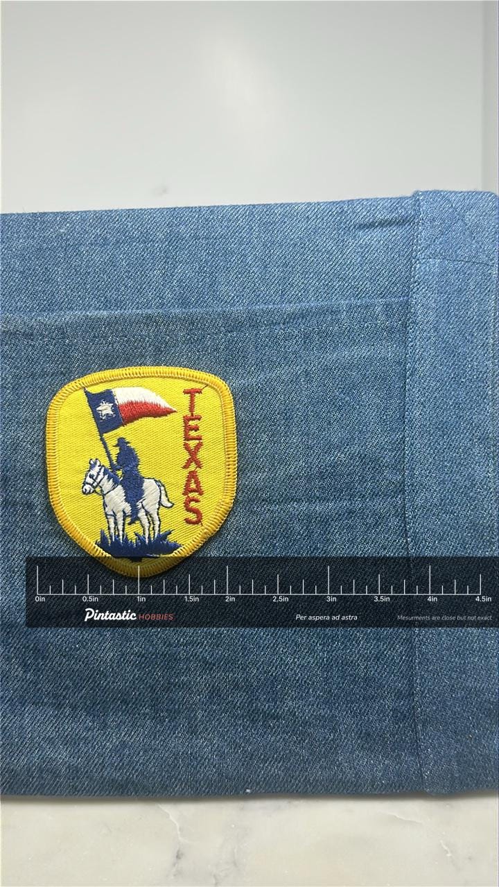 Texas Cowboy Collectable Patch: Yellow Shield - Western Souvenir Accessory with ruler overlay for size reference