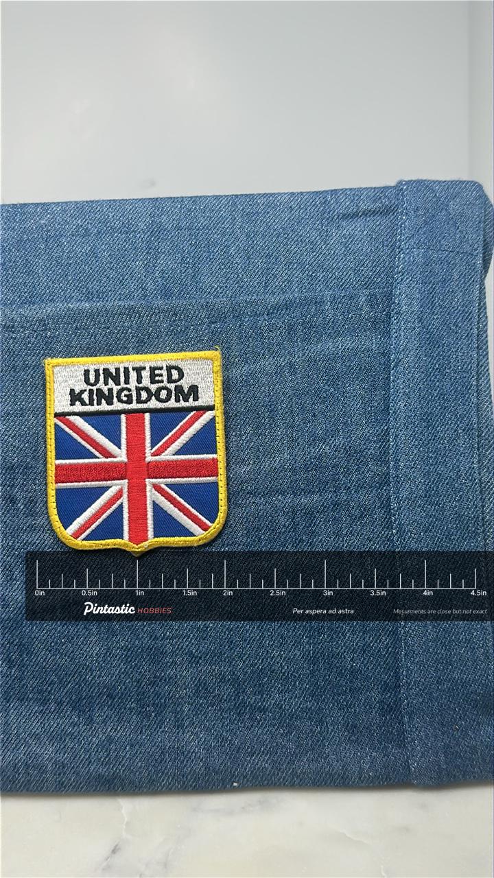 United Kingdom Travel Patch: Shield Yellow Border - UK Flag Accessory with ruler overlay for size reference