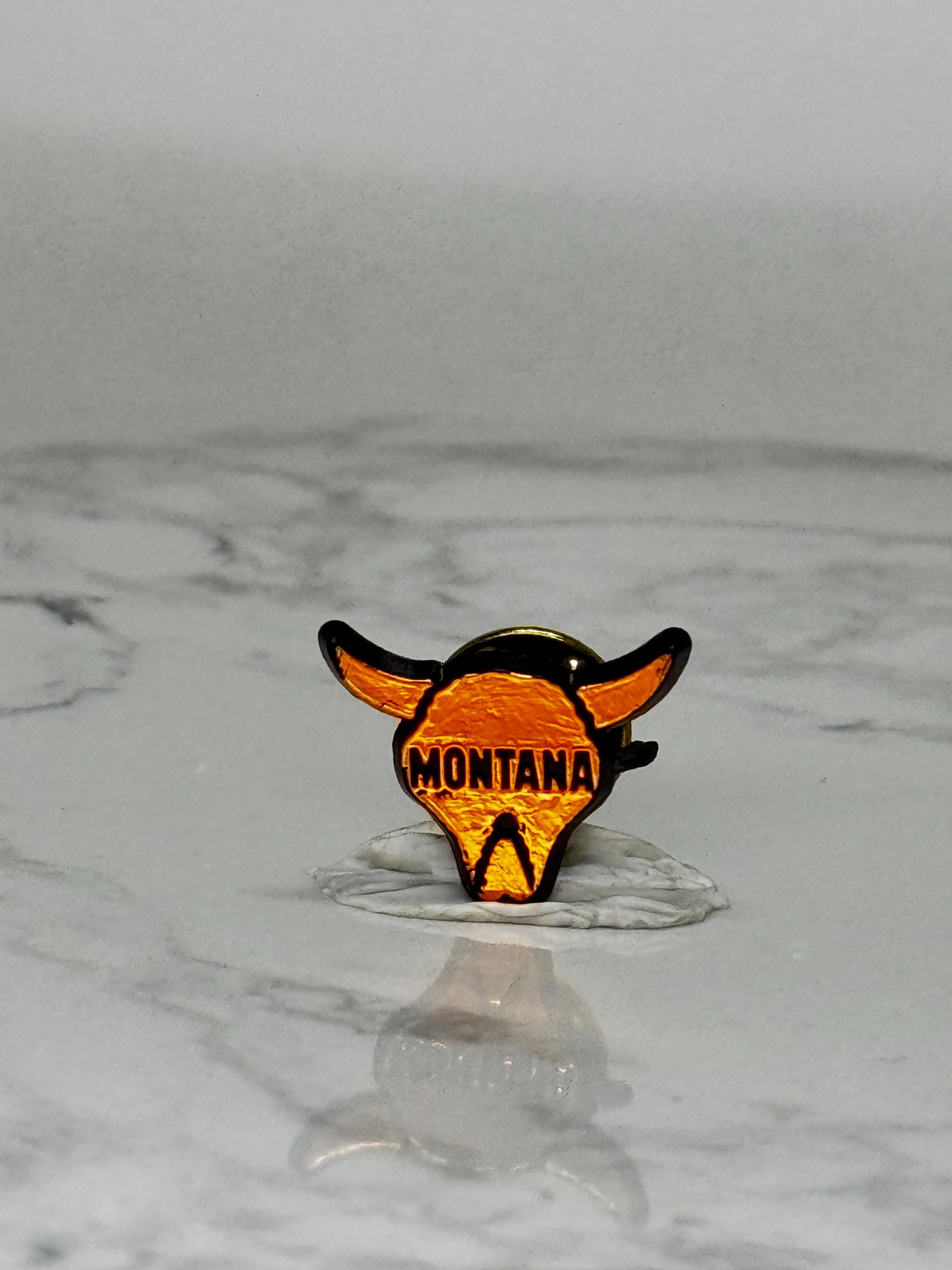 Vintage Montana Bull Head Lapel Pin: Orange Enamel - Western Souvenir Accessory