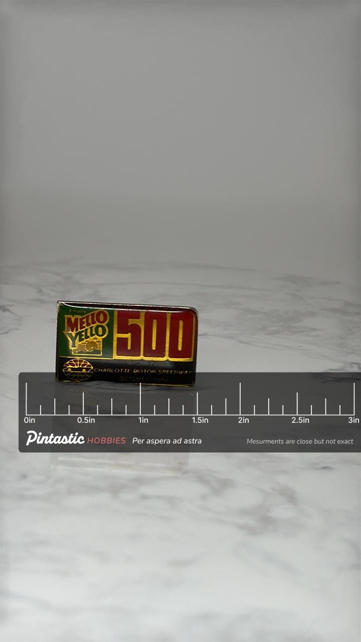 Vintage Mello Yello 500 Lapel Pin: Enamel Racing - 1991 NASCAR Accessory with ruler overlay for size reference