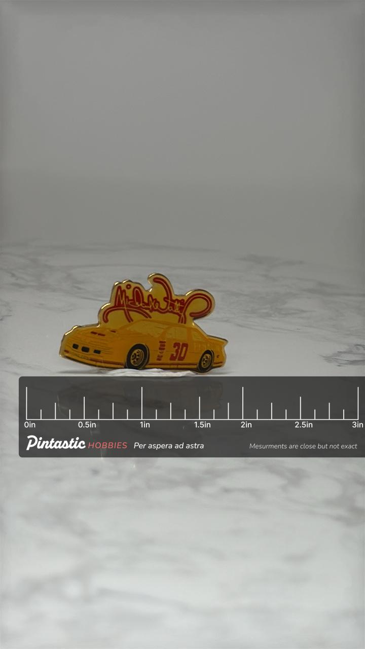 Vintage Michael Waltrip #30 NASCAR Pin: Yellow Pennzoil - NASCAR Racing Collectible with ruler overlay for size reference