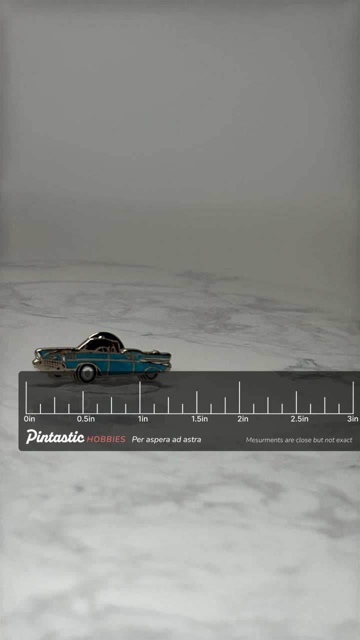 Vintage 1957 Chevy Bel Air Car Pin: Turquoise Enamel - 1950s Accessory with ruler overlay for size reference