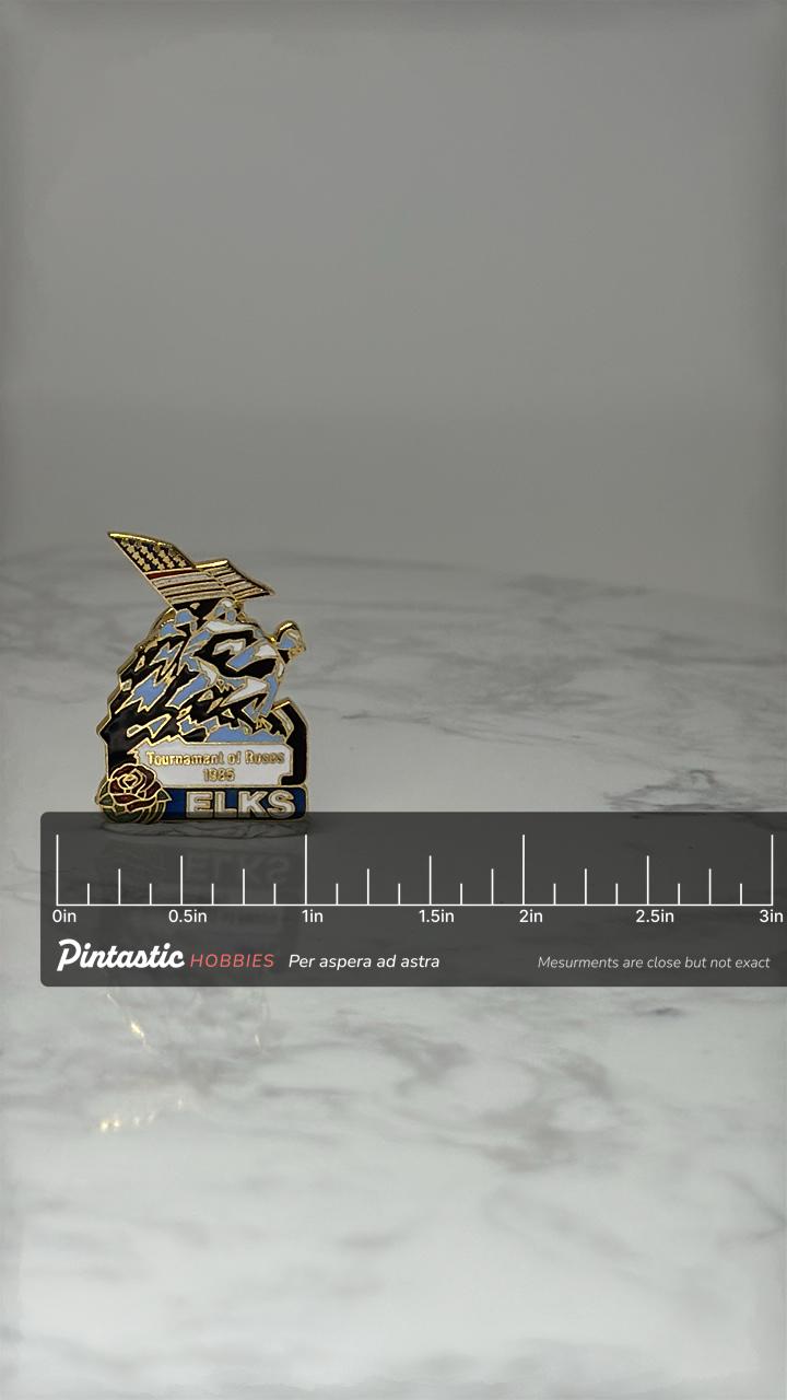 Vintage Tournament of Roses ELKS Pin: Gold Enamel - 1983 Parade Accessory with ruler overlay for size reference