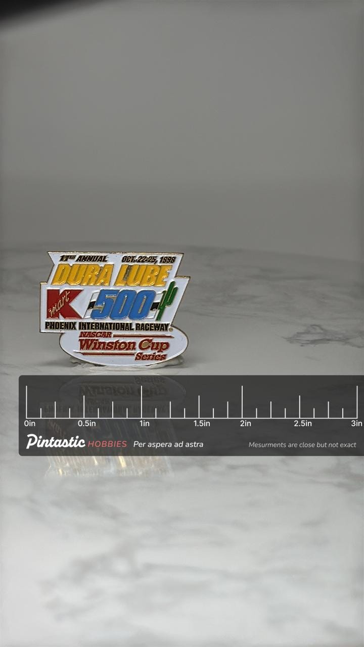 Vintage NASCAR Dura Lube Kmart 500 Pin: Color Enamel - 1998 Race with ruler overlay for size reference