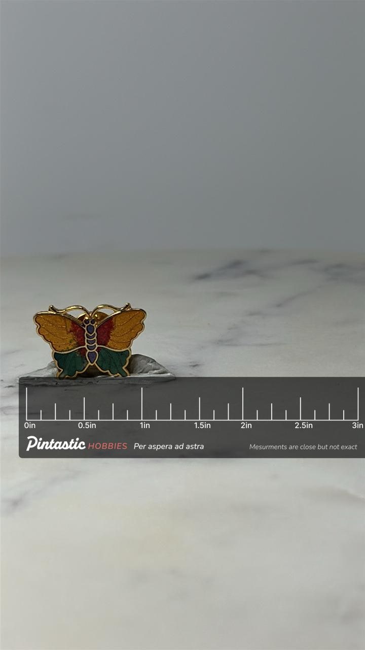 Vintage Butterfly Enamel Lapel Pin: Gold Tone - Nature Accessory with ruler overlay for size reference