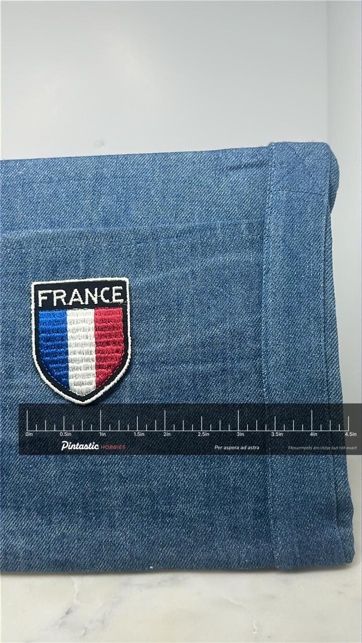 France Flag Collectable Patch: Shield Tricolor - Travel Souvenir Accessory with ruler overlay for size reference