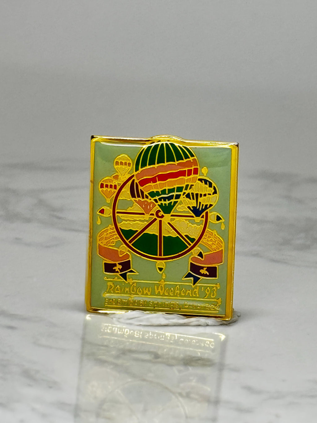 Vintage Rainbow Weekend 1993 Hot Air Balloon Pin: Gold Tone Enamel - Festival Souvenir
