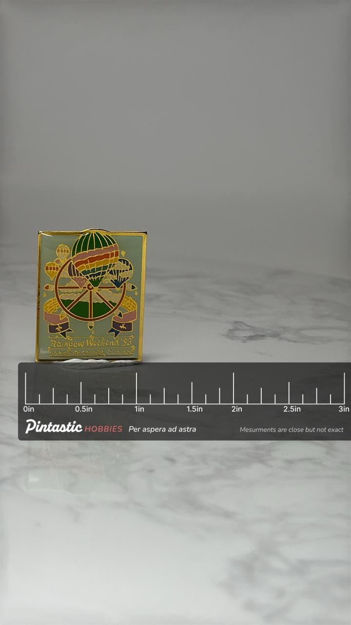 Vintage Rainbow Weekend 1993 Hot Air Balloon Pin: Gold Tone Enamel - Festival Souvenir with ruler overlay for size reference
