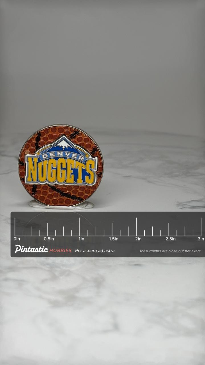 Vintage Denver Nuggets Enamel Pin: Gold Blue Logo - NBA Basketball Accessory with ruler overlay for size reference