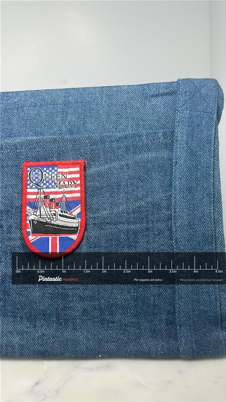 RMS Queen Mary Collectable Patch: Red Border - Ocean Liner Accessory with ruler overlay for size reference