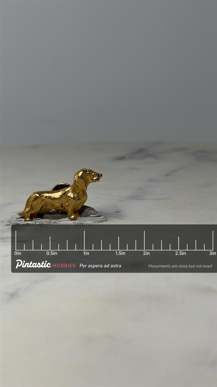 Vintage Dachshund Dog Lapel Pin: Gold Tone - Figural Animal Accessory with ruler overlay for size reference