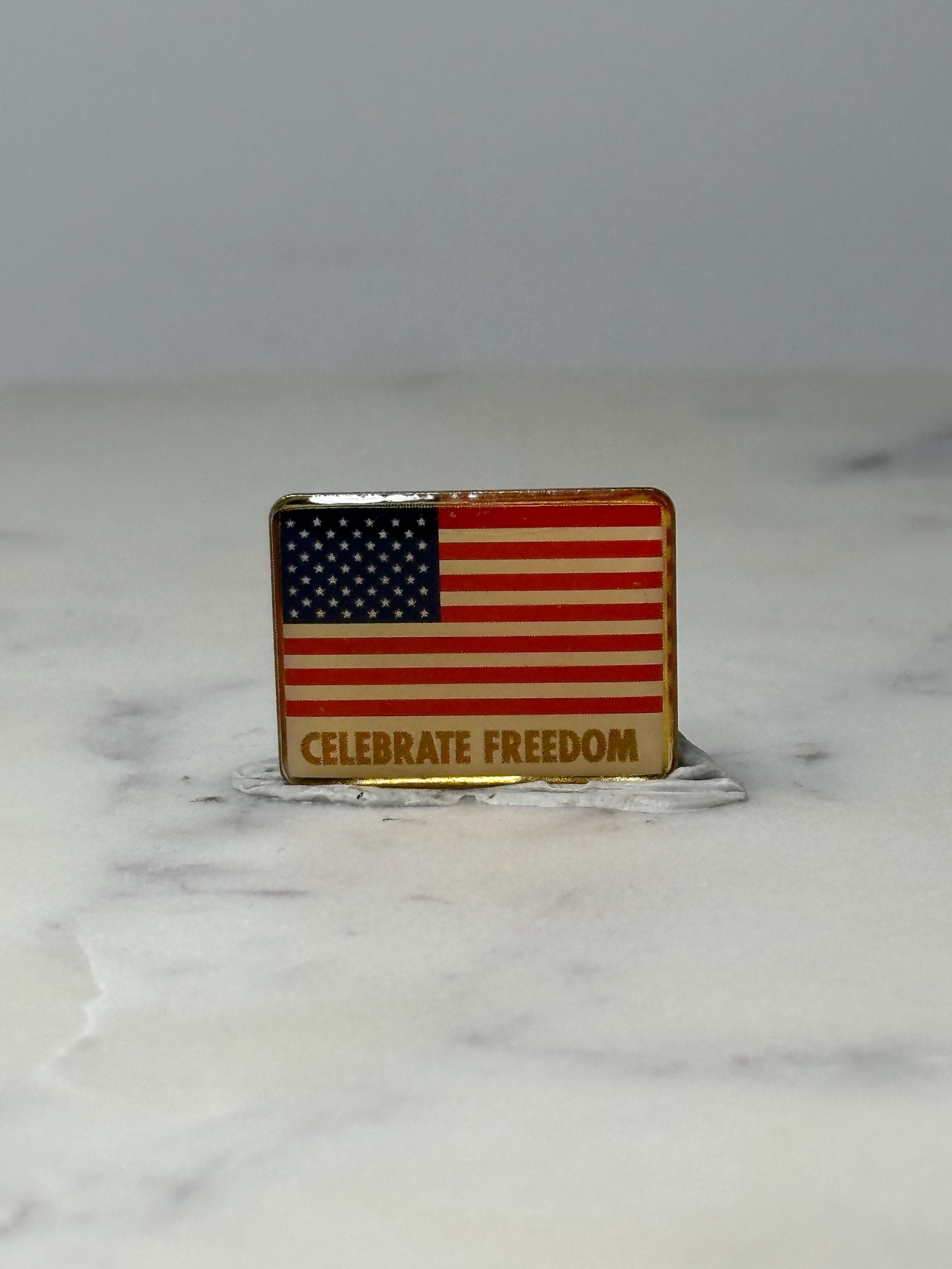 Vintage American Flag Lapel Pin: Gold Tone - Celebrate Freedom