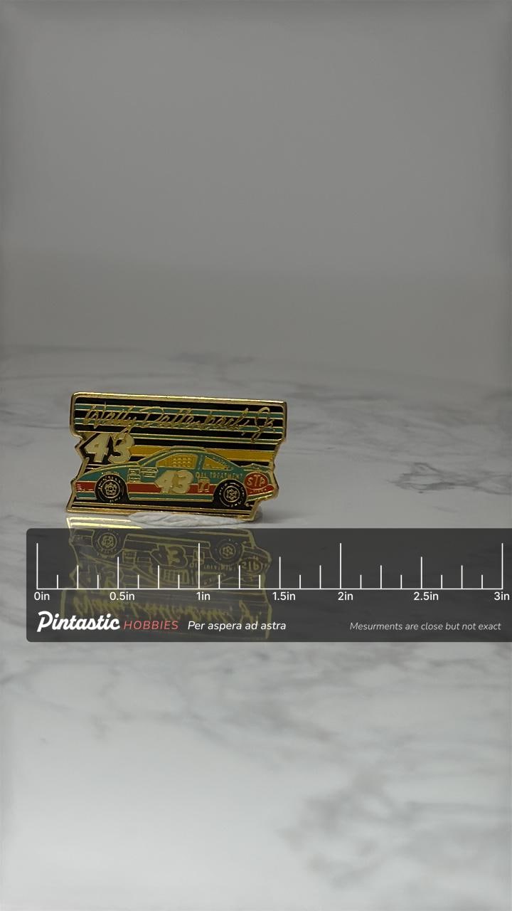 Vintage Wally Dallenbach Jr #43 STP: NASCAR Lapel Pin - Stock Car Racing Collectible with ruler overlay for size reference
