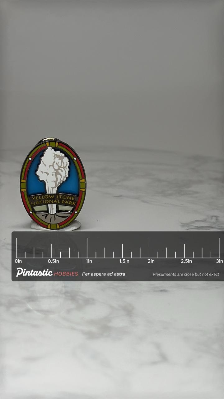 Vintage Yellowstone National Park Souvenir Pin: Enamel Oval - Travel Accessory with ruler overlay for size reference