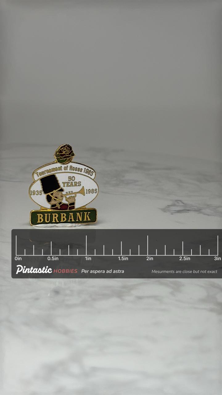 Vintage Burbank Tournament of Roses Pin: Gold Enamel - 1985 Anniversary Accessory with ruler overlay for size reference