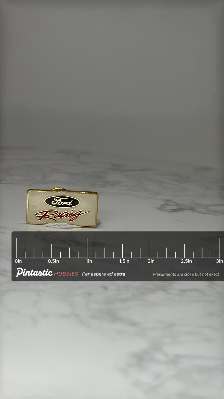 Vintage Ford Racing Enamel Pin: Gold Tone - Motorsport Accessory with ruler overlay for size reference
