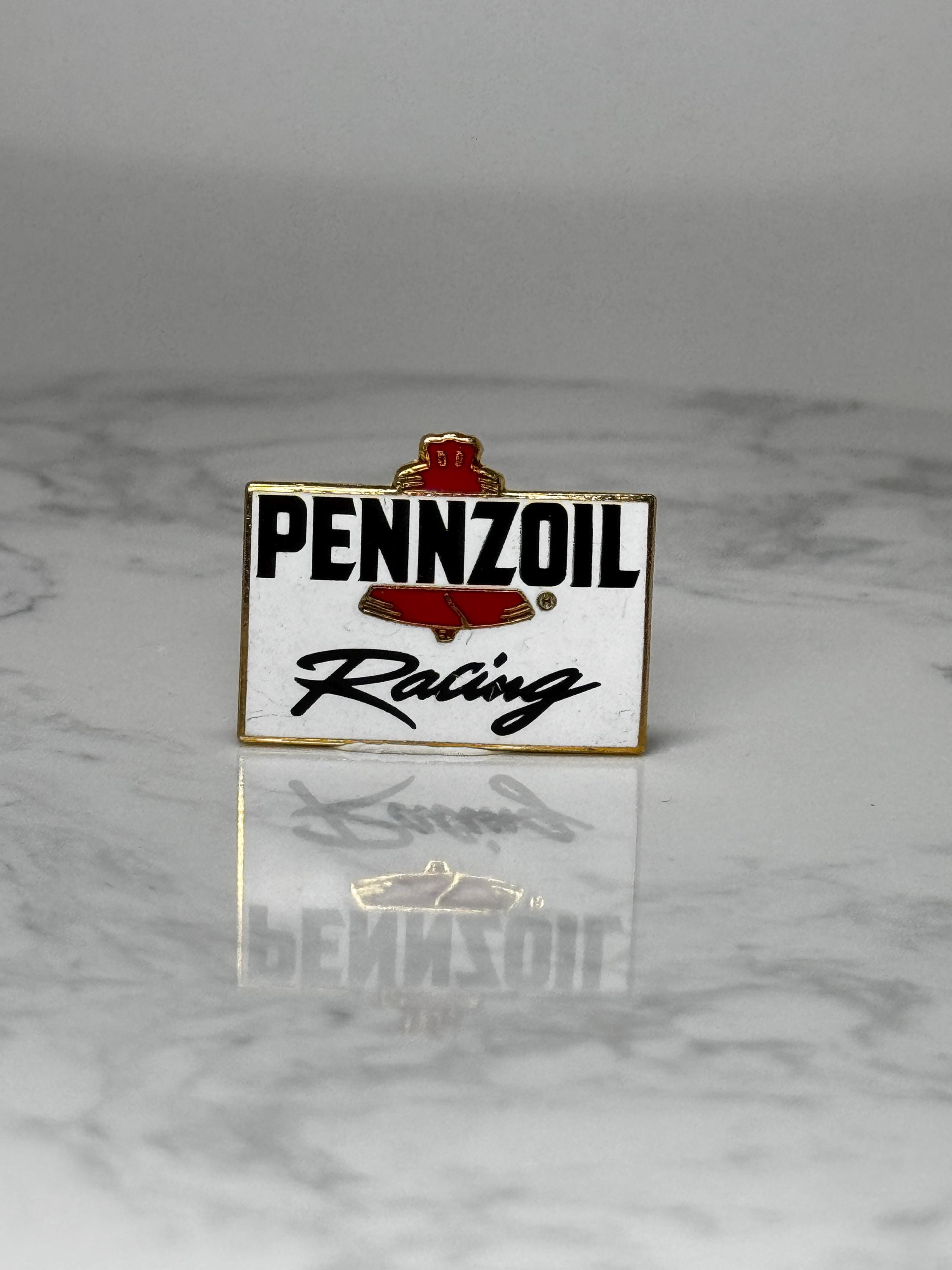 Vintage Pennzoil Racing Enamel Pin: White & Gold - Motorsport Accessory