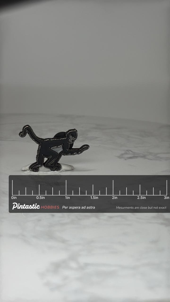 Monkey Enamel Lapel Pin: Black Silver Tone - Animal Accessory with ruler overlay for size reference