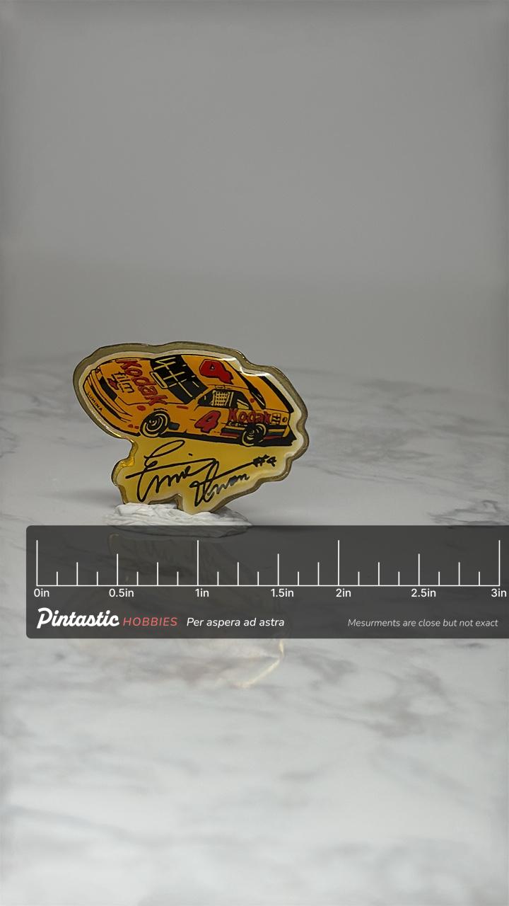 Vintage Ernie Irvan #4 Kodak NASCAR Pin: Yellow Enamel - NASCAR Racing Collectible with ruler overlay for size reference