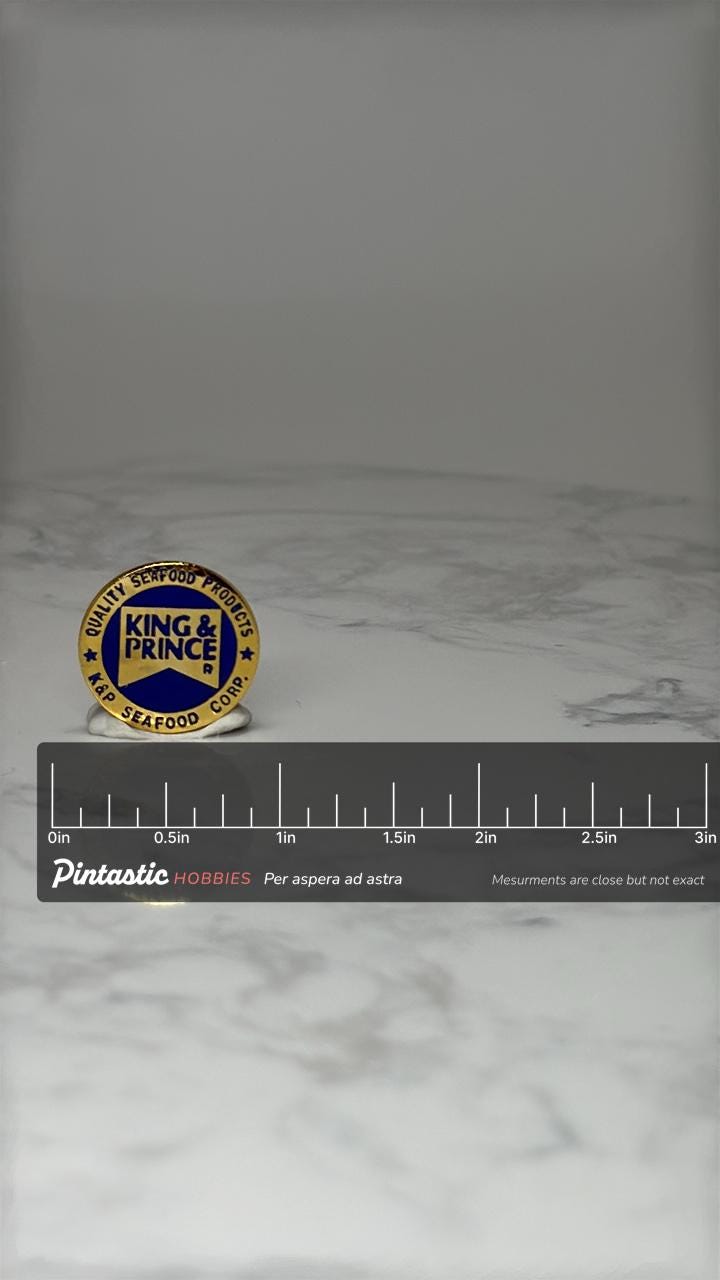 Vintage King & Prince Pin: Blue Gold Enamel - Seafood with ruler overlay for size reference