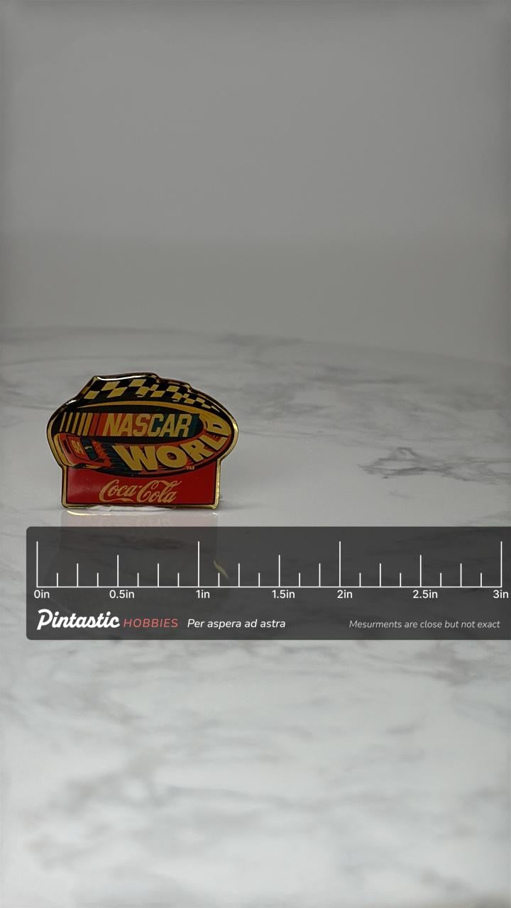 Vintage NASCAR World Lapel Pin: Gold Tone Enamel - Racing Era Accessory with ruler overlay for size reference