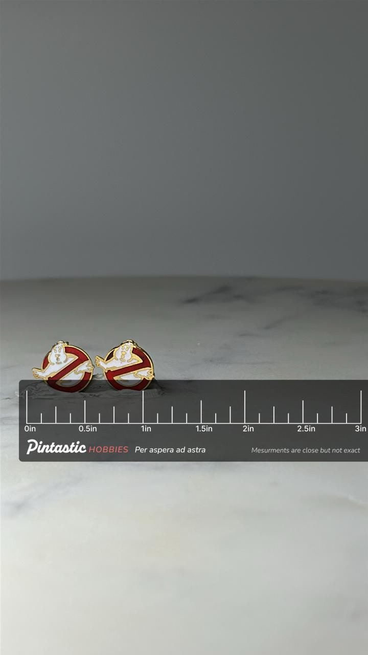 Ghostbusters Logo Enamel Earrings: No Ghost Symbol Stud Earrings - Vintage Movie Jewelry with ruler overlay for size referenc