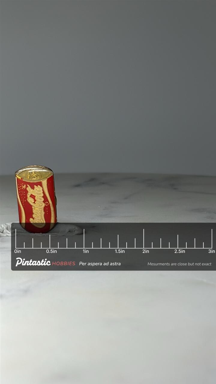 Vintage Coca Cola Soda Can Pin: Red Gold Enamel - 1990s Accessory with ruler overlay for size reference
