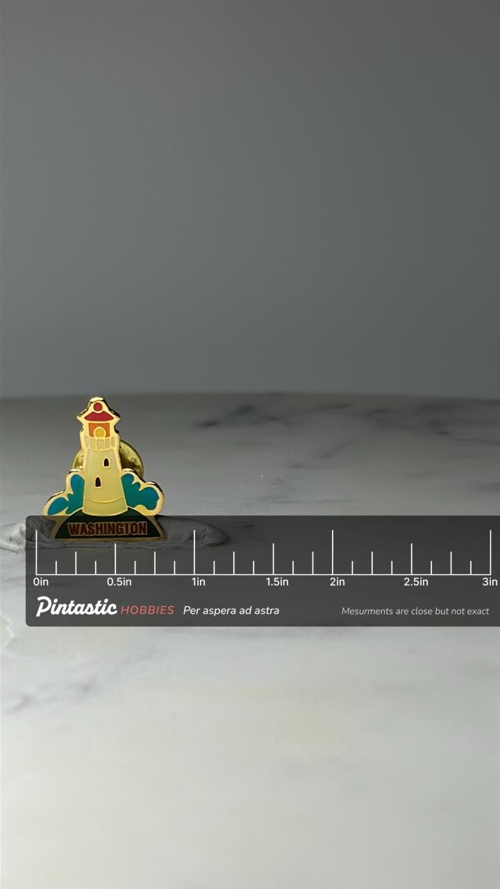 Vintage Washington Lighthouse Enamel Pin: Gold Tone - Travel Souvenir Accessory with ruler overlay for size reference