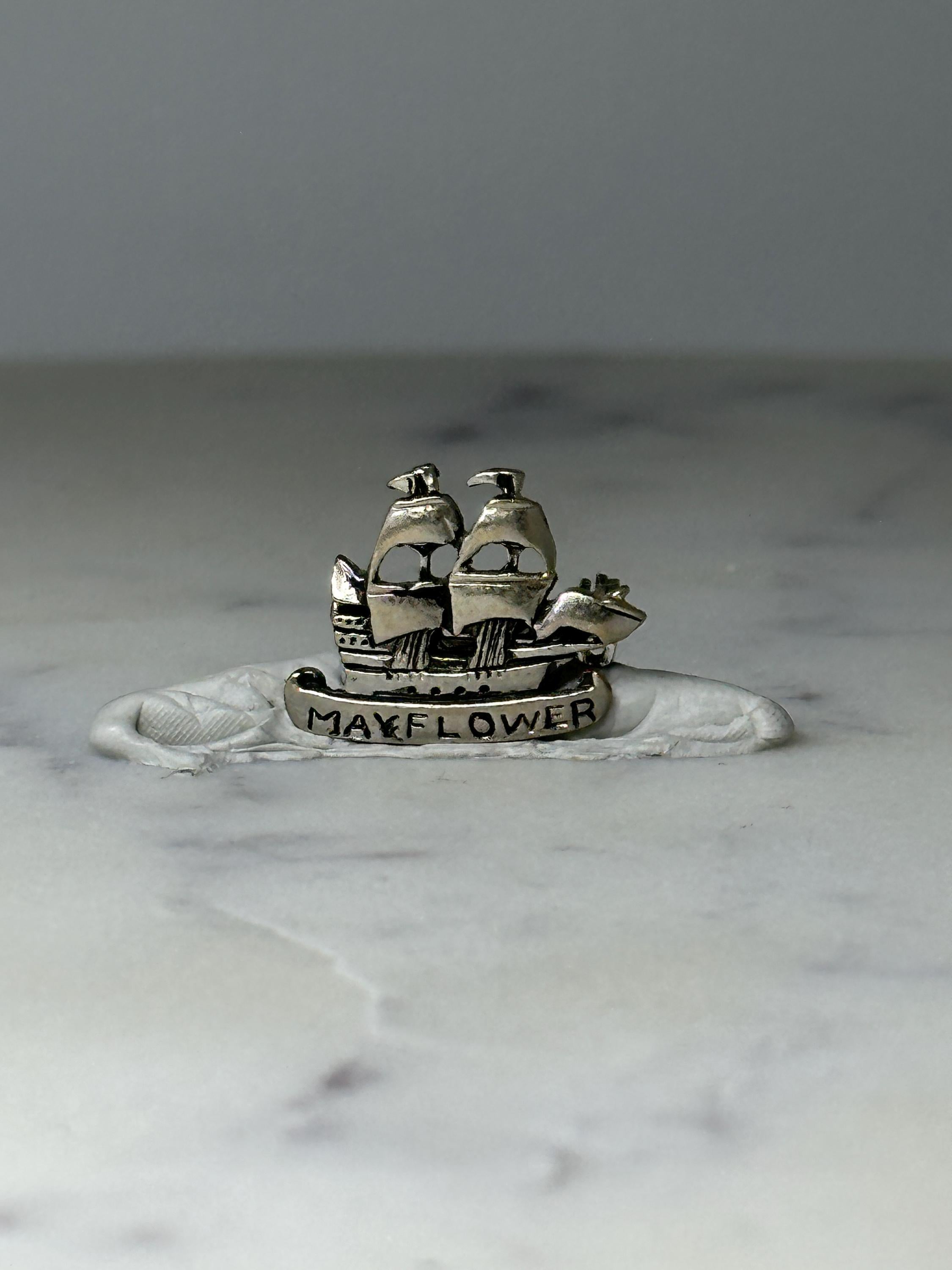 Vintage Mayflower Ship Souvenir Pin: Silver Tone - Colonial Era Accessory