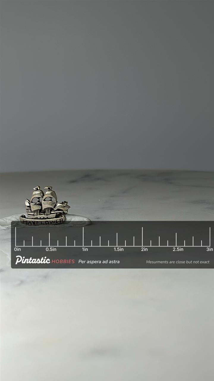 Vintage Mayflower Ship Souvenir Pin: Silver Tone - Colonial Era Accessory with ruler overlay for size reference