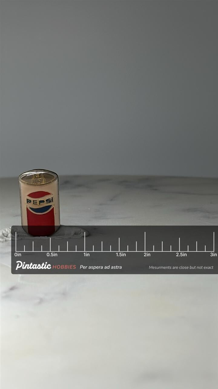 Vintage Pepsi Soda Can Pin: Red Blue Enamel - 1980s Ad Accessory with ruler overlay for size reference