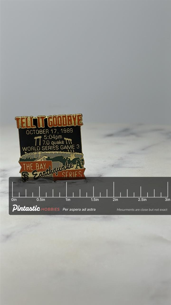 Vintage 1989 World Series Earthquake Pin: Enamel - MLB Bay Series Accessory with ruler overlay for size reference
