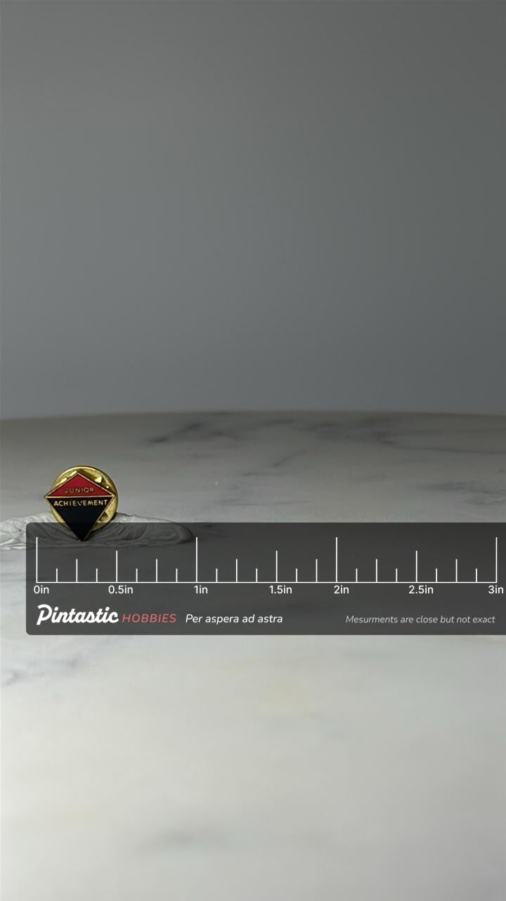 Vintage Junior Achievement Lapel Pin: Red Black Enamel - Career Org Accessory with ruler overlay for size reference