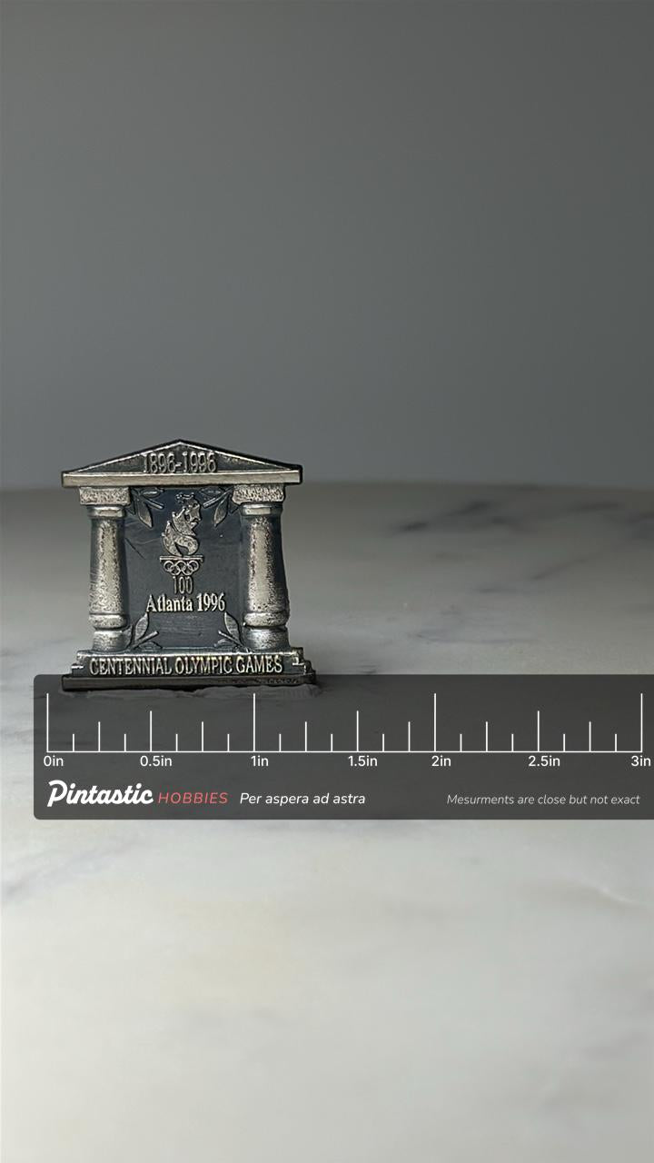 Vintage Atlanta 1996 Olympic Games Pin: Silver Tone - Centennial Era Accessory with ruler overlay for size reference