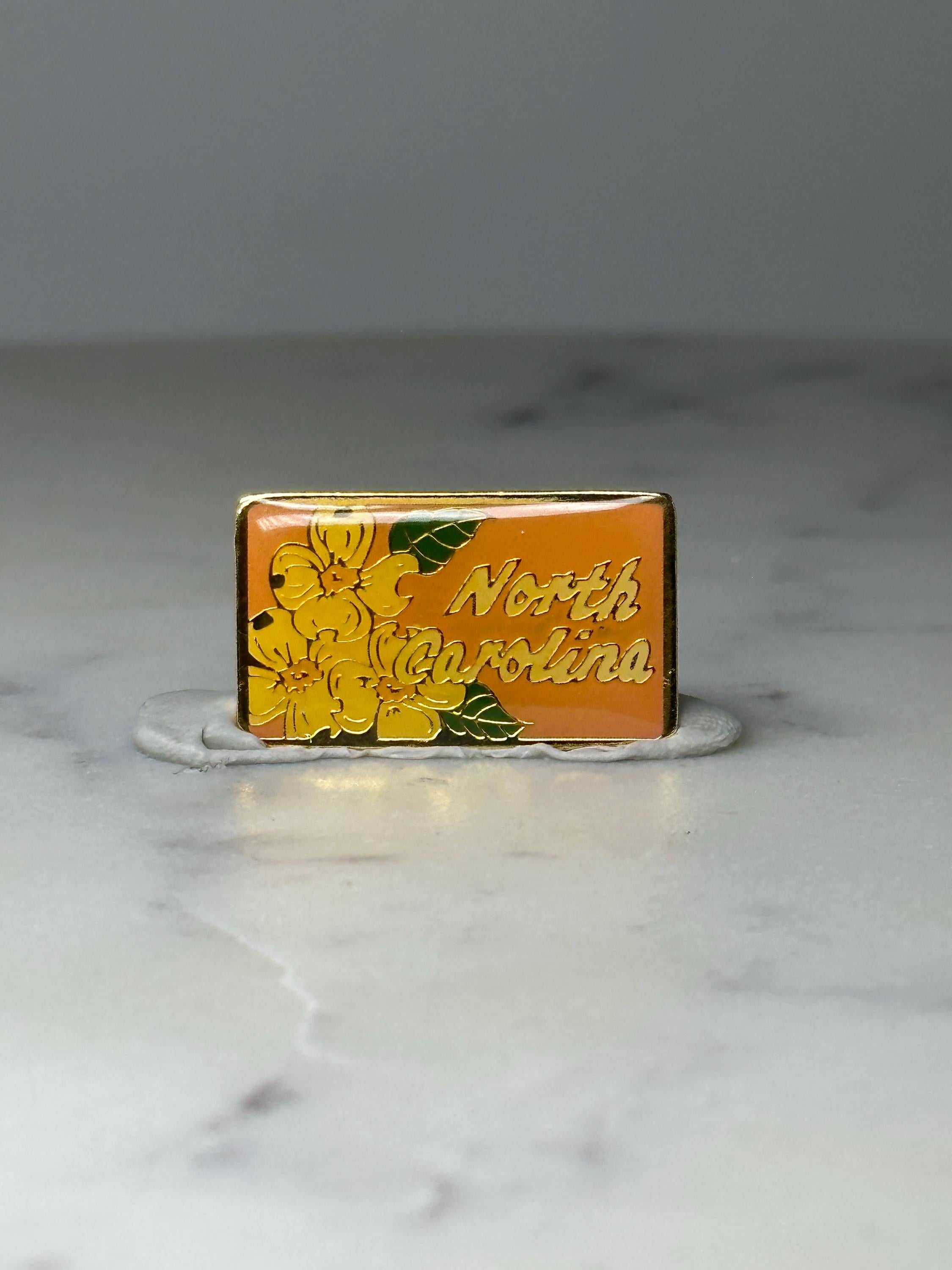 Vintage North Carolina Souvenir Pin: Gold Tone Enamel - State Floral Accessory