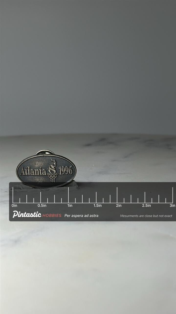 Vintage Atlanta 1996 Olympic Games Lapel Pin: Silver Tone - Summer Olympics Souvenir Accessory with ruler overlay for size re