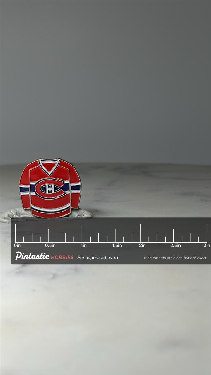 Vintage Montreal Canadiens Jersey Lapel Pin: Red Enamel - NHL Hockey Accessory with ruler overlay for size reference