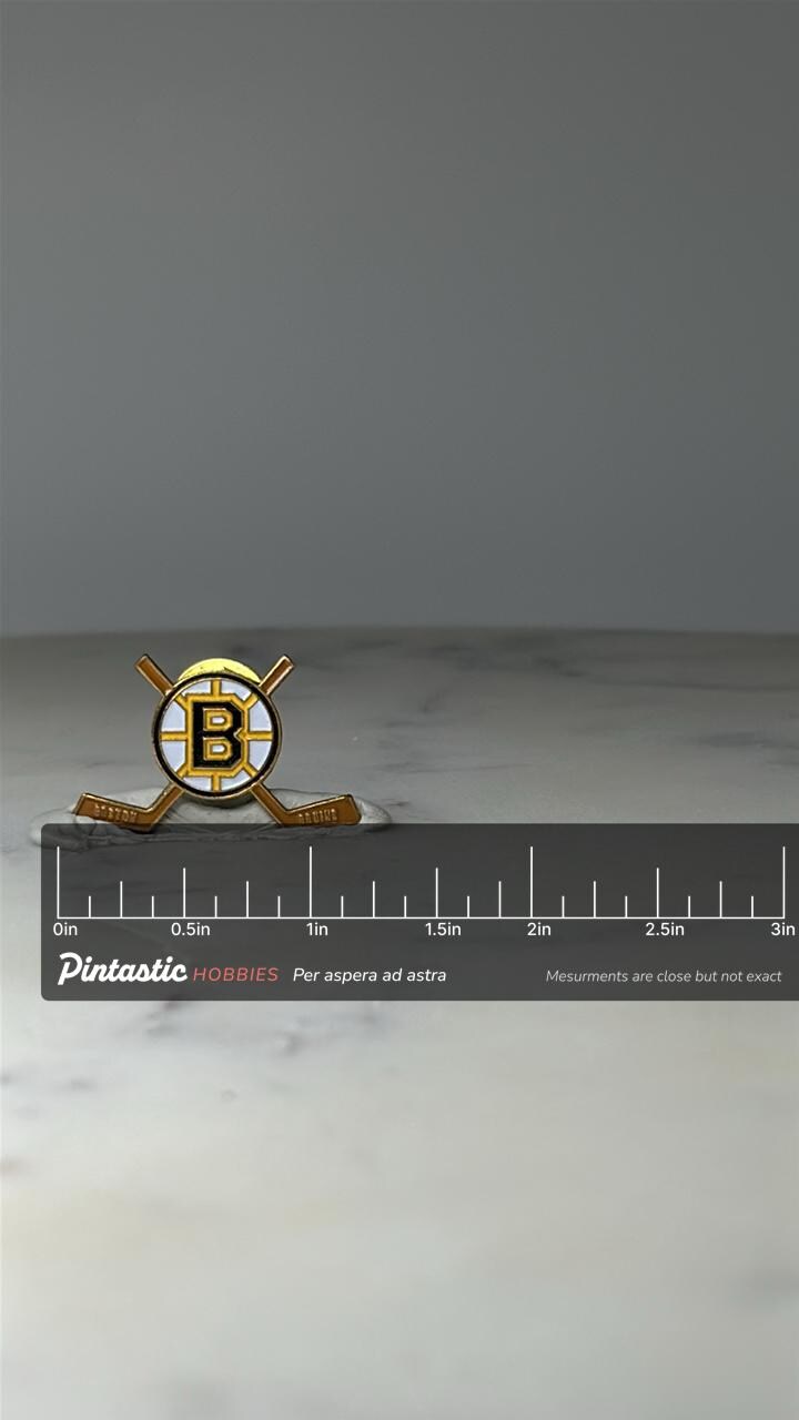 Vintage Boston Bruins Hockey Stick Pin: Gold Enamel - NHL Sports Accessory with ruler overlay for size reference