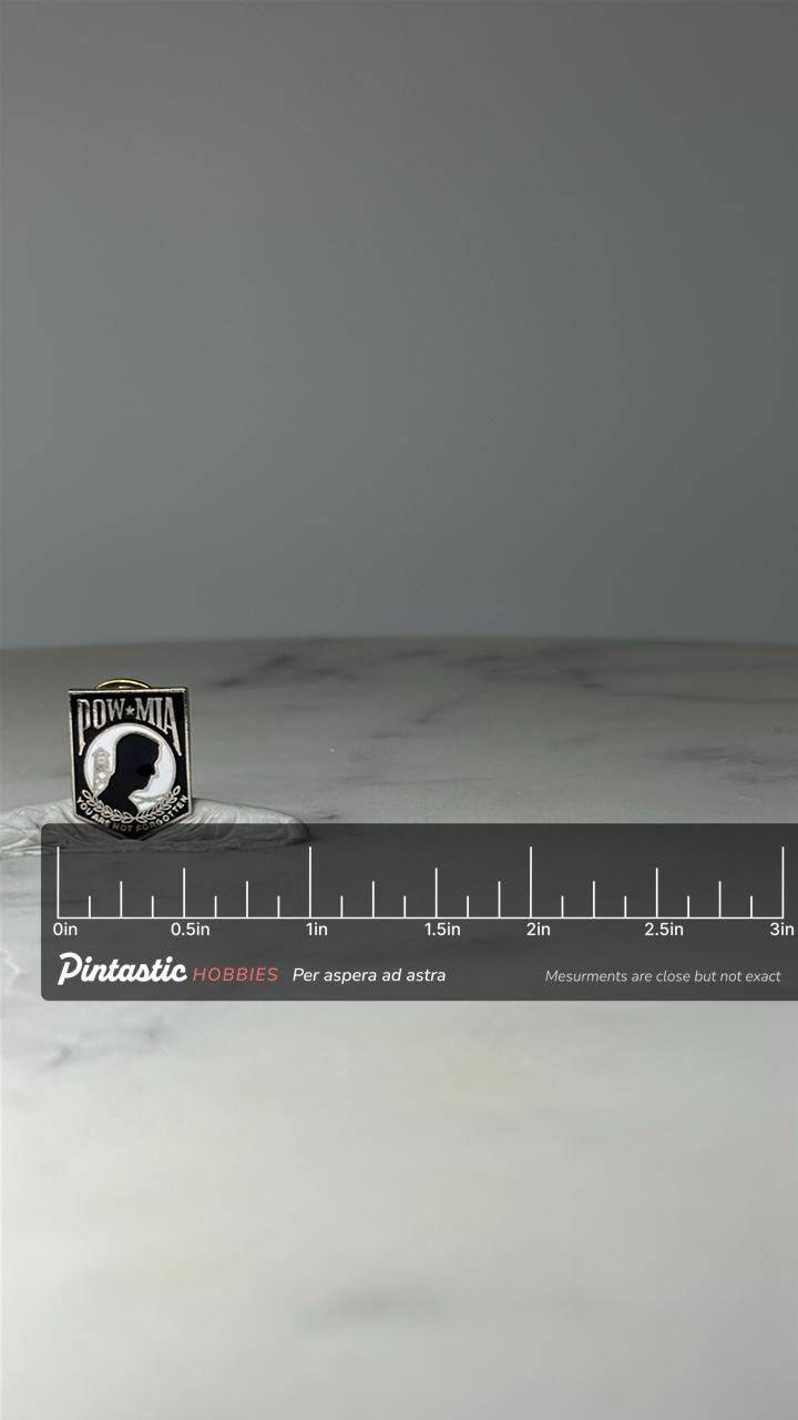 Vintage POW MIA Enamel Pin: Black & White - Military Memorial with ruler overlay for size reference
