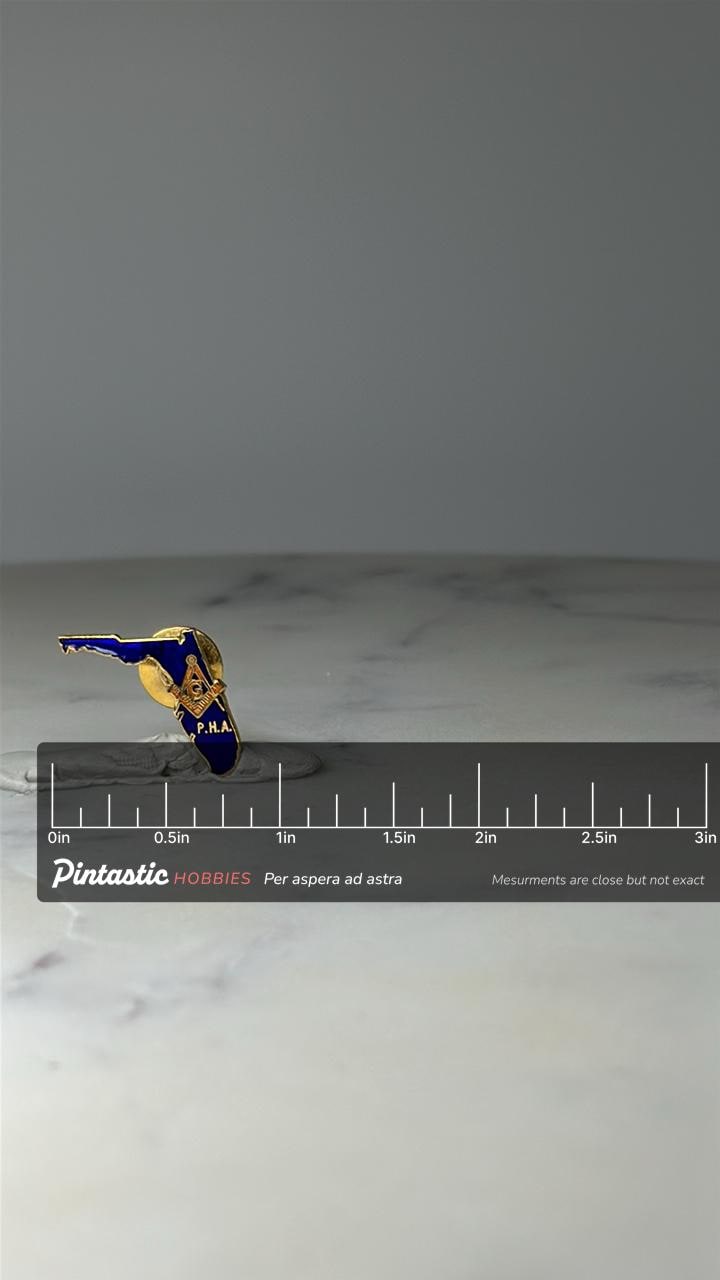 Vintage Florida Masonic Lapel Pin: Blue Enamel - PHA Freemason with ruler overlay for size reference